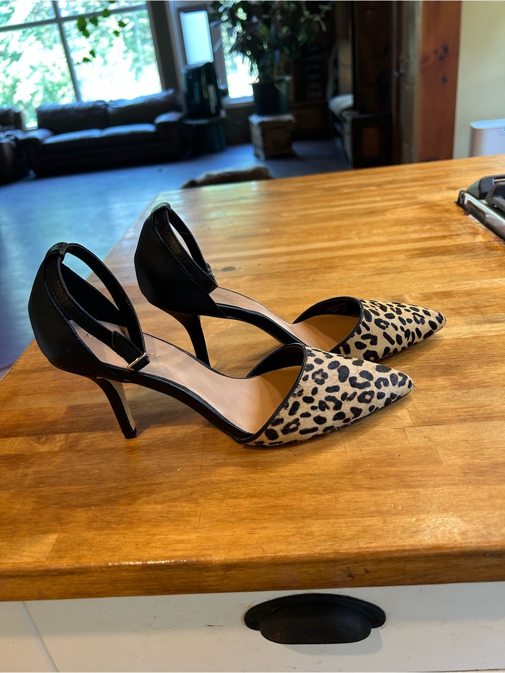 Maiden Lane Black and Leopard Haircalf D'Orsay Ankle Strap Heels Pumps